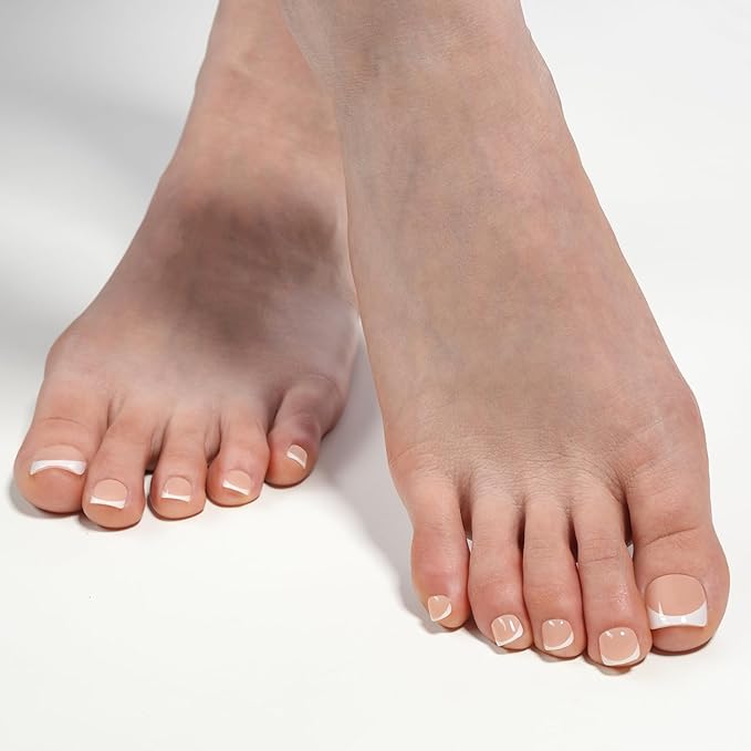 Vansiho 150 pcs Fake Toe Nail Tips Press on, French Tip Soft Gel Toenail Extension, Square Round Toenail Pre-applied Tip Primer & Base Coat, Soft Gel Fake Toe Nails for Home DIY 15 Sizes