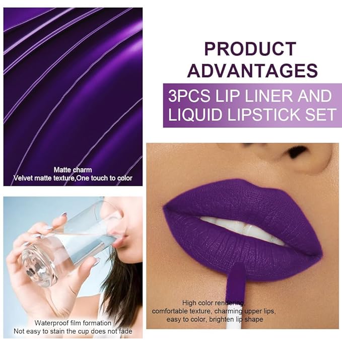 3Pcs 2 in 1 Lavender Dark Violet Purple Matte Lip Liner and Liquid Lipstick Stain Makeup Set for women, Long Lasting Smudge Proof Lip Tint Matte Finish Lip Gloss for All-Day Color Hold, Set24