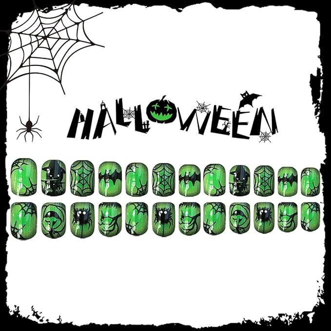 Green Press on Nails Halloween Fake Nails Short Square False Nails Black Spider Web Ghost Pumpkin with Hat Design Cute Gradient Stick on Nail for Women DIY Holiday Manicure Supplies