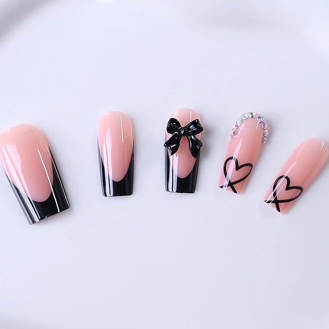 BABALAL Press on Nails Long Square Fake Nails Black French Tip Glue ons with Bow Charm Rhinestone Shiny Supplies 24Pcs Manicure Full Cover Acrylic False Nails