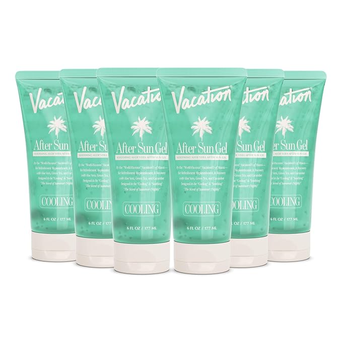 VACATION Mini After Sun Gel, Travel Size Soothing Aloe Vera Gel for Sunburn Relief, Hydrating & Cooling, Non-Sticky Aftersun Care, 1oz (Value Pack of 6)