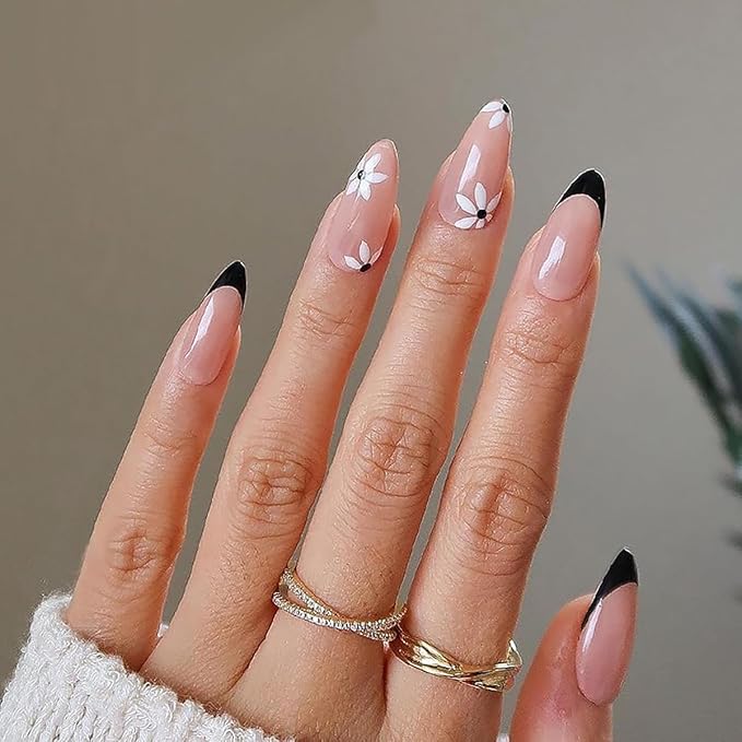 6 Packs (144 Pcs) Press on Nails Medium, Jsiallye Press on Nails Ballet with Daisy, Flower Press on Nails Almond, Glue on Nail in 12 Sizes - 24 Fake Nails Kit, Stick on Nails for Women