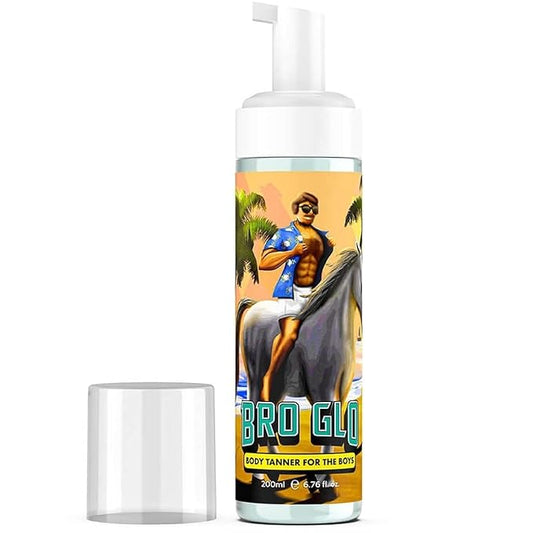 Bro Glo Self Tanner for The Boys - Quick Application Foam Mousse Easy Sunless Tan For Face and Body Oil Free Water Based Faster Skin Drying Natural Sun Kissed Bronze Color Perfect Men 6.76 FL oz