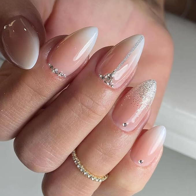 Almond Medium Nude False Nails - White Gradation, Glitter Rhinestones, French Design, Glossy Full Cover Acrylic, Stick On, Women's Nail Decoration