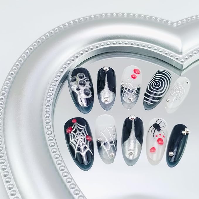 30Pcs Goth Halloween Press on Nails Medium Almond French Tip Fake Nails 3D Spider Gems Designs Y2K Black Acrylic Nails Full Cover Artificial Halloween Glue on Nail Holiday False Nail for Women