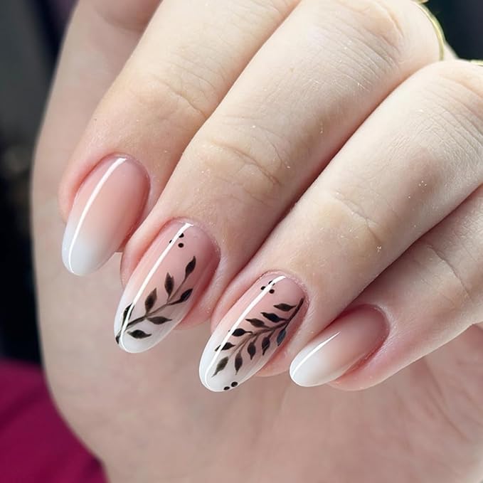 24Pcs Almond Press on Nails Medium French Tip Fake Nails with Leaf Designs Pink White Glue on Nails Full Cover Acrylic Artificial Nails Fall Leaves Nails Press ons False Nails for Women