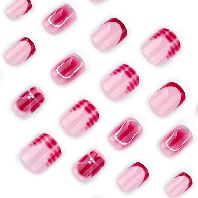 Short Square Press on Nails with Red Flower Designs Of Silver Lines Fake Nails Nude Acrylic Press ons Nails Full Cover Stick on Nails Reusable for Women Manicure Kit 24 Pcs
