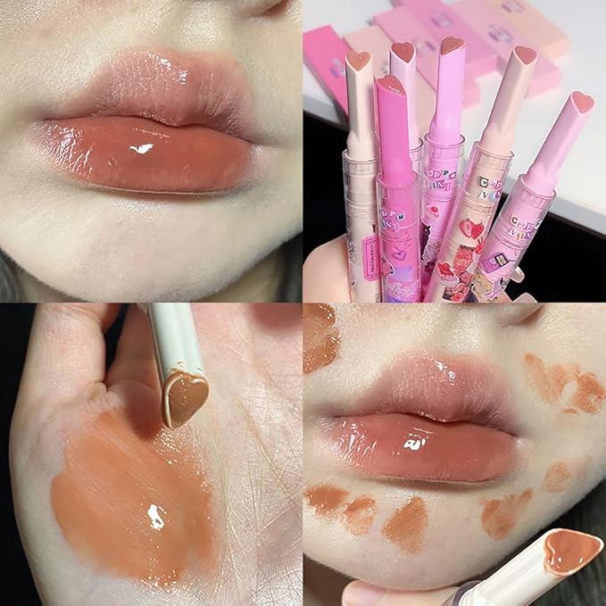 Petansy 6 Colors Jelly Lipstick Heart Shape Lipstick Set Plumping Serum Lip Balm Ultra Hydrating Smooth Lip Gloss for Women Makeup