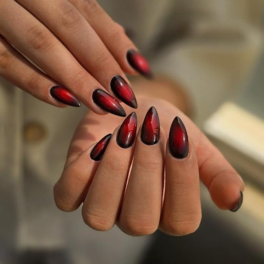 KQueenest Press On Nails Almond - Ombre Red Black Press On Nails Medium Length, French Dark Fake Nails with Nail Glue, Reusable Soft Gel Gradient Black Glue On Nails for Women Christmas, 24 Pcs