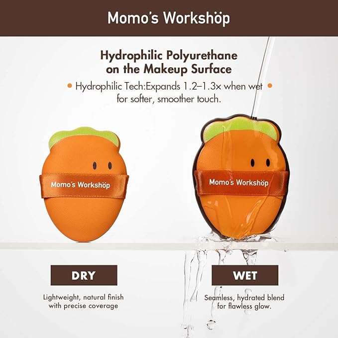 Momo’s Workshop Carrot Makeup Sponge – Dual-Use PU Beauty Sponge with Lychee Leather Handle, 16mm Hydrophilic Sponge for Foundation Coverage, Dry/Wet Application,2pcs with Case