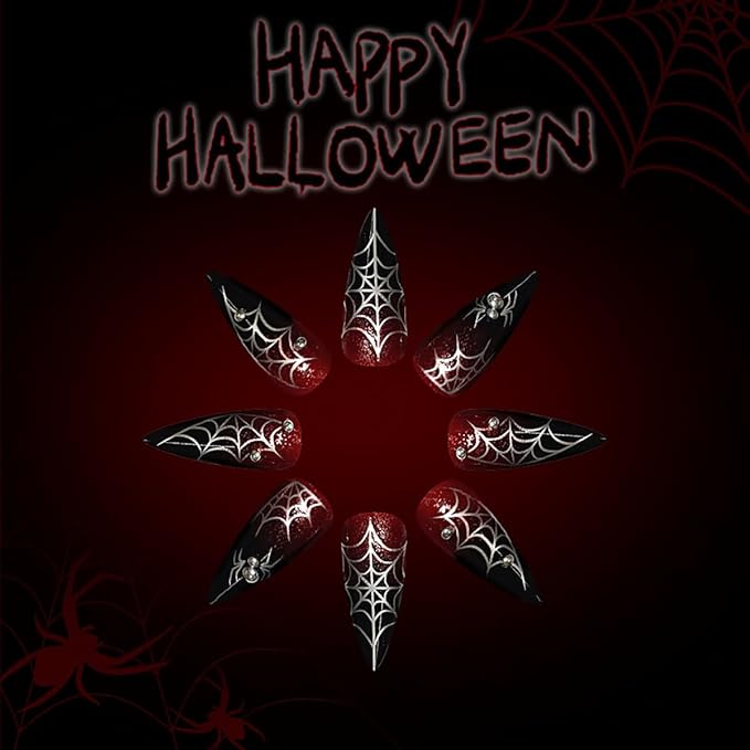 Halloween Press on Nails Long Fake Nails Glitter False Nails Red Black Gradient Silver Spider Web Bead Design 3D Spider Glue on Nail Full Cover Acrylic Nail for Women DIY Salon Manicure Kit