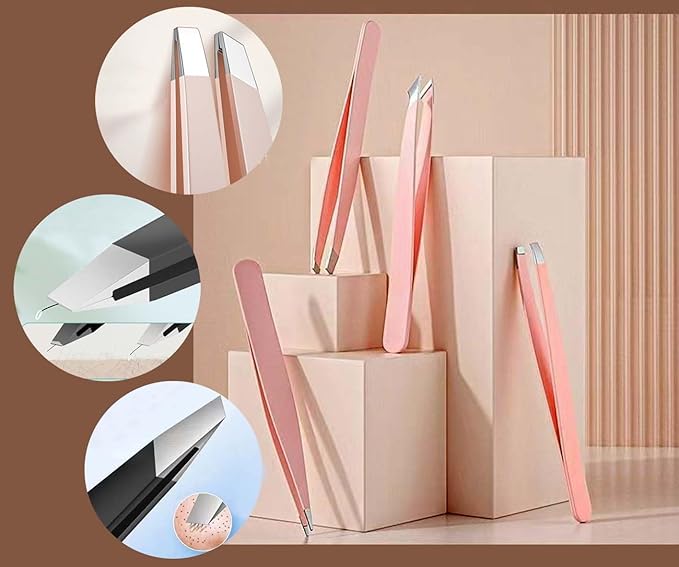 Tweezers Kit Tweezer for Women Facial Hair Removal Tweezers Professional Tweezers Set Eyebrow Tweezer, [9+1 PCS] AProfessional Stainless Steel Eyebrow for Women &Men, Pink Beauty Sets