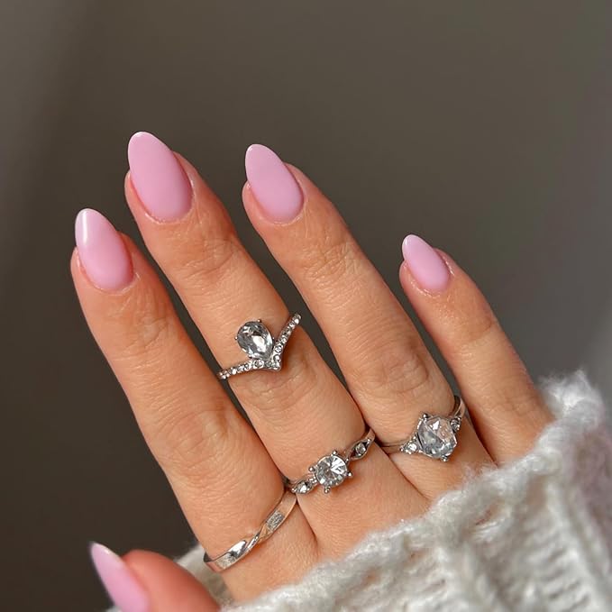 Pink Press on Nails Short Almond Fake Nails Press ons, Thick Solid Color Glue on Nails Short False Nails, Medium Almond Nail Oval Round Shaped for Women, 24Pcs Natural Acrylic Gel Nail