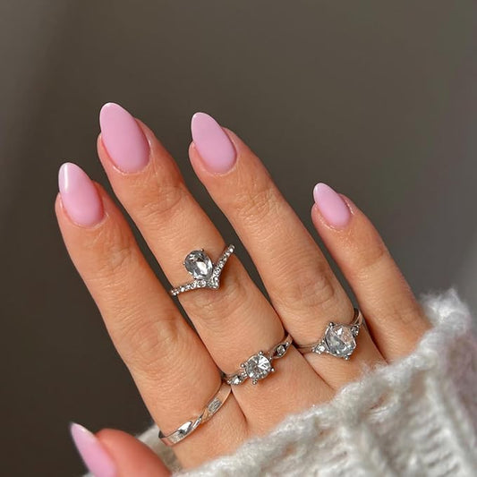 Pink Press on Nails Short Almond Fake Nails Press ons, Thick Solid Color Glue on Nails Short False Nails, Medium Almond Nail Oval Round Shaped for Women, 24Pcs Natural Acrylic Gel Nail