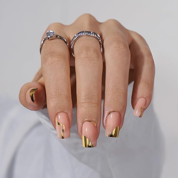 BTArtbox Press On Nails Short Square - Gold Designed Press On Nails, Winter Glue On Nails for Women Gifts, Natural Fake Nail with Glue, Glue On Nails in 16 Sizes - 30 Nail Kit, Gold Leaf