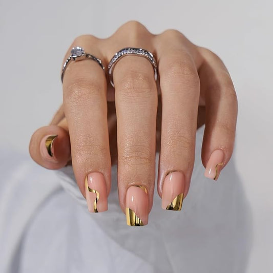 BTArtbox Press On Nails Short Square - Gold Designed Press On Nails, Winter Glue On Nails for Women Gifts, Natural Fake Nail with Glue, Glue On Nails in 16 Sizes - 30 Nail Kit, Gold Leaf