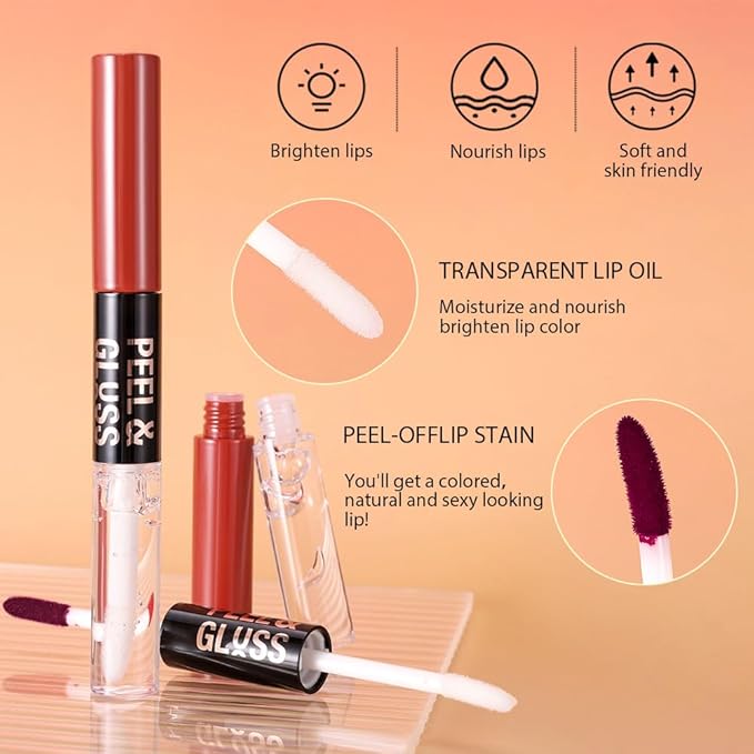 Dewy Rose Lip Stain Peel Off Lip liner and Lip oil with Tweezer, Dual-Ended Peel Off Lip Stain Tattoo, Highly Pigmented Long Lasting Waterproof, Transfer-proof for All Skin Types, 02#