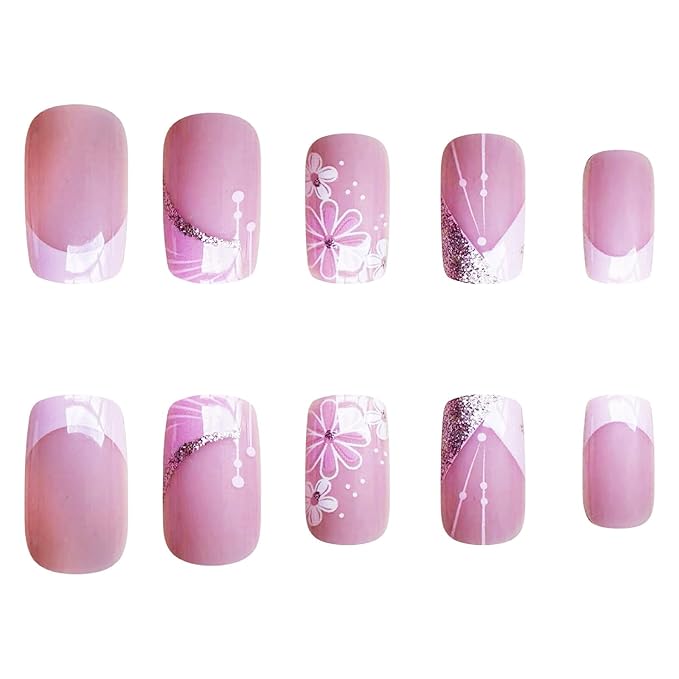 French Tip Press on Nails Short Square Fake Nails Pink Flower False Nails with Design Glitter Line Glue on Nails Full Cover Acrylic Nails Stick on Nails for Women Girls Manicure 24 Pcs