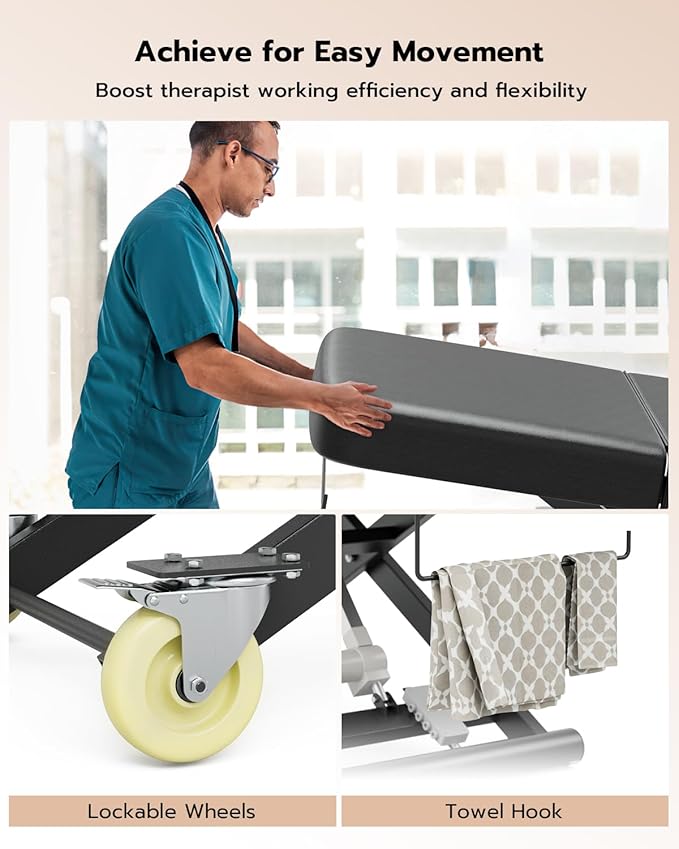 Paddie 3 Motor Fully Electric Lash Bed with Face Cradle & Foot Pedal, 550lbs Electric Lift Massage Table with Independent Leg Adjustment & Rolling Wheels, Dental/Exam/Treatment/Spa/Tattoo, Black