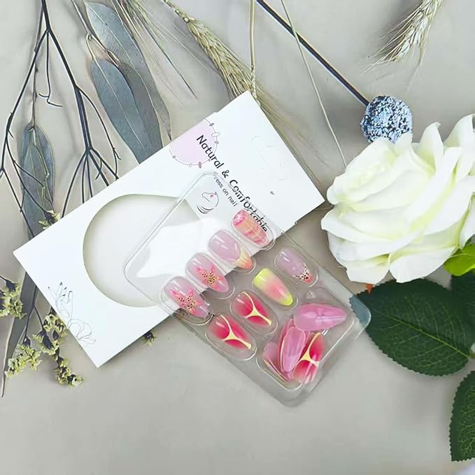 24Pcs Almond Press on Nails Short Fake Nails Metal Star Design Leopard French Tip Glue on Nail Reusable 3D Flower Acrylic Nails Press on Full Cover Nude Pink False Nail for Women Manicure Supplies