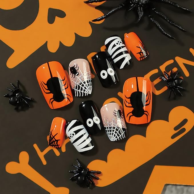 24Pcs Halloween Press on Nails Short Square Goth Fake Nails Cute Mummy with Spider Web Glitter Design Full Cover Sparkly Artificial Nails Spider False Nails for Halloween Holiday Acrylic Manicure