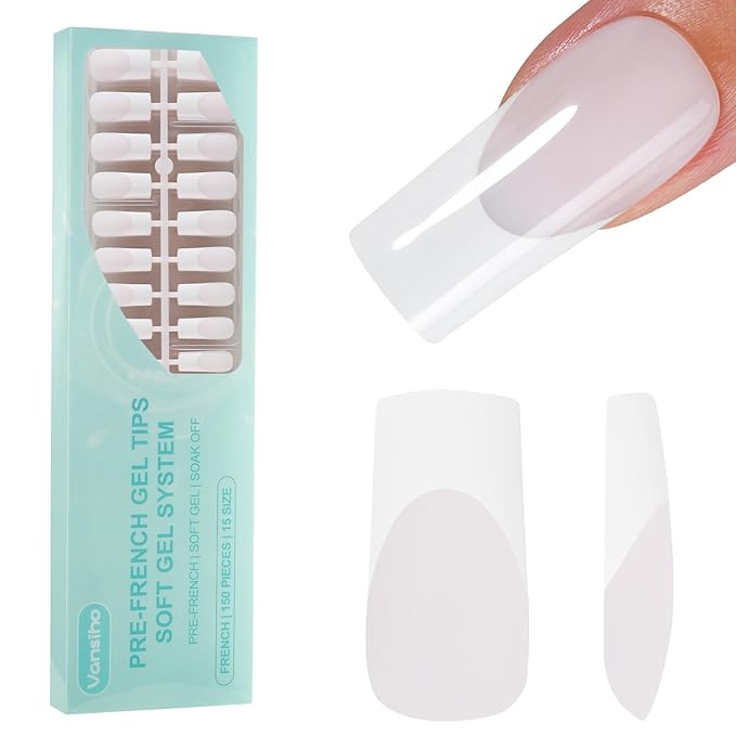 150Pcs French Gel Nails, Vansiho White French Tip Press on Nails, Milky White Long Square Soft Gel Nail Tips, Acrylic Fake Nails for Nail Art DIY 15 Sizes