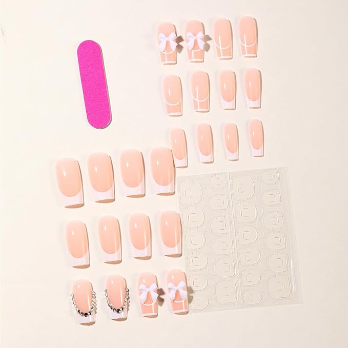 24Pcs Long Square Press on Nails White French Tip Fake Nails with Gem Design Rhinestones Glue on Nails Reusable Bow False Nails Glossy Full Cover Stick on Nails for Women Girls Acrylic Manicure Salon