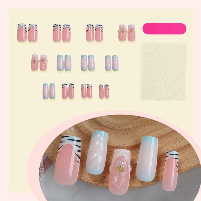 24Pcs Blue Flower Press on Nails Long Square French Tip Fake Nails with 3D Flower Rhinestones Designs Summer False Nails Cute Acrylic Stick on Nails Full Cover Glue on Nails for Women Manicure Kit