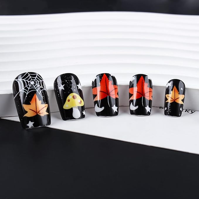 Fall Press on Nails Thanksgiving Maple Leaf Fake Nails Black Glossy False Nail with Cute Colorful Mushroom Designs Medium Square Acrylic Nails Halloween Spider Web Glue on Nail for Women