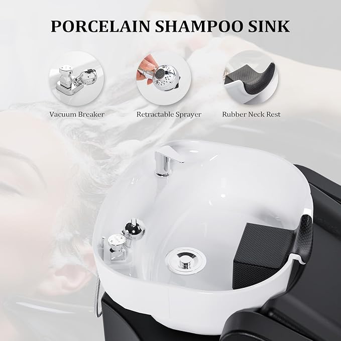 OmySalon Shampoo Backwash Unit with White Porcelain Bowl, Salon Sink Hair Wash Chair Shampoo Station, Barbershop Beauty Spa Massage Hairdressing Equipment