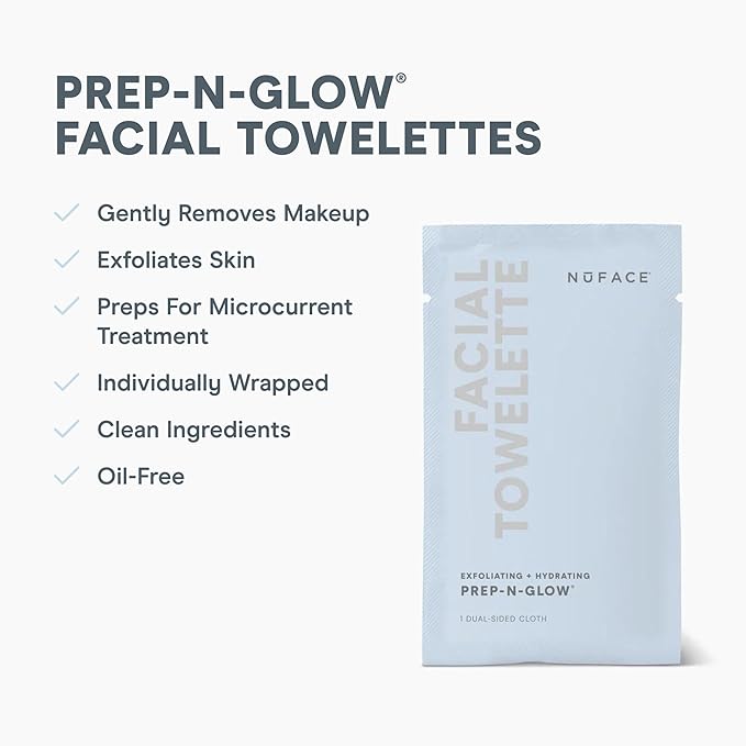 NuFACE Prep-N-Glow Facial Towelettes - 2-in-1 Exfoliating + Cleansing Makeup Remover Wipes, Hyaluronic Acid Travel Face Wipes to Hydrate & Brighten for Glowing Skin - 20 Individually Wrapped Cloths