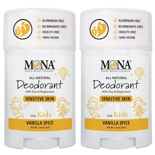 MONA BRANDS 100% Natural Deodorant for Kids | For Girls & Boys | Sensitive Skin | No Baking Soda | No Aluminum | Vegan, Non-GMO, Gluten and Cruelty free (2-PK VANILLA SPICE 1.76 Oz each)