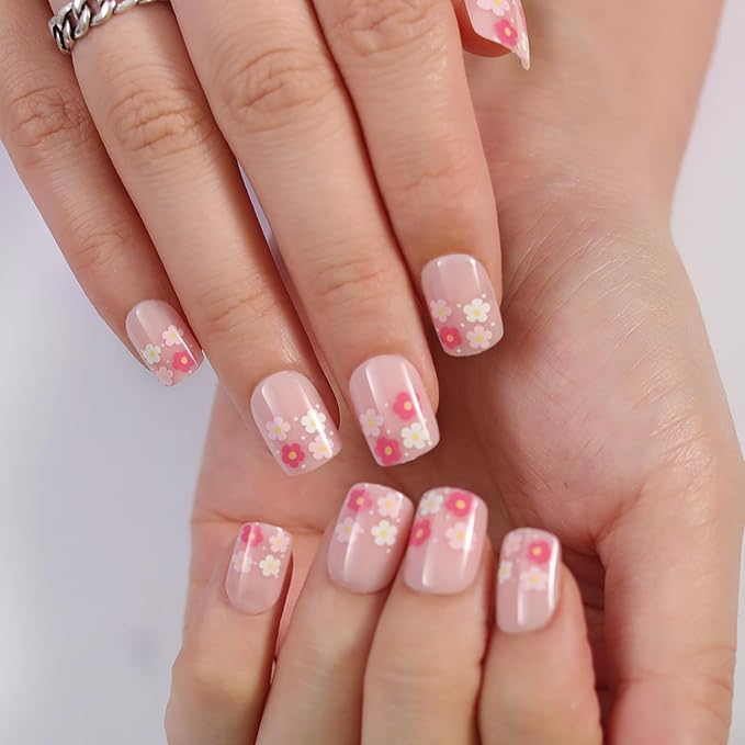 Summer Press on Nails Short Square, Pink Fake Nails with Cute Blossom Designs, Glossy Gel Finish Acrylic Nails, Thick Natural Reusable Glue on Nails Kit for Women, 15 Sizes - 30Pcs, Sweet Bloom