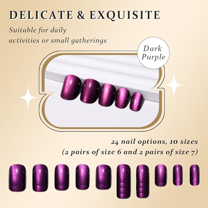 Cat Eye Purple Press On Nails Short Square, Designer Reusable Acrylic Fake Nails with Glue, Glossy Soft Gel Nails Wedding and Party, Stick On Glue On Nails, Nails Press Ons fro Women