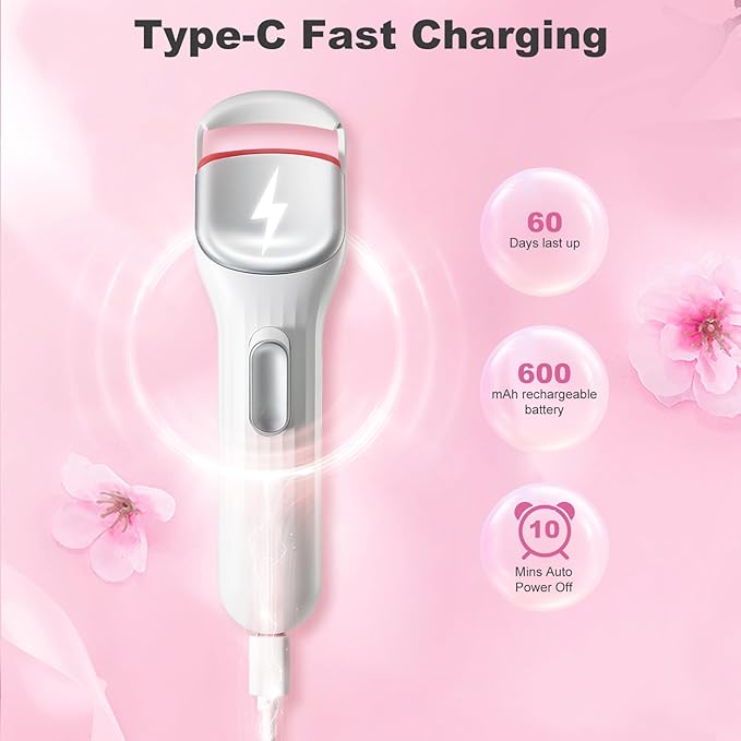 Heated Eyelash Curler Professional - Eye Lashes Curler with Innovative Heating Silicone, Electric Eyelashes Curler with 600mAh Rechargeable Battery EC4001 (White)