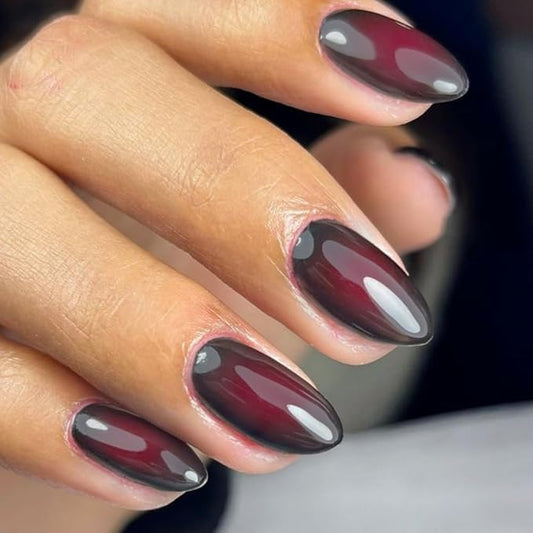 KQueenest Chrome Christmas Press On Nails Short Almond, Glazed Red Black Press On Nails With Glue, Glitter Fake Nails with Mirror Effect, Custom Soft Gel Glue on Nails with Design for Women, 30 Pcs