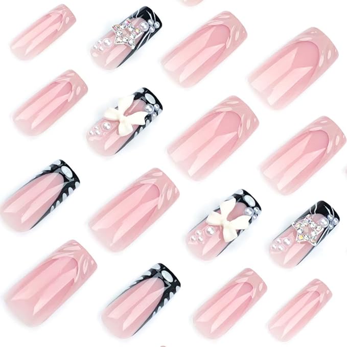 Press on Nails Medium Long Rhinestone Pink Fake Nails Square Pearl Bling Glossy 3D False Nail Tips Black Artificial Nails Finger Manicure for Women and Girls,24pcs