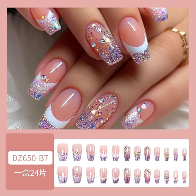 Coffin Square Press on Nails Medium Fake Nails White Purple French Tip Artificial Nails Full Cover Acrylic Glue on Nails with Glitter Designs False Nails Stick on Nails for Women Girls Manicure 24PCS