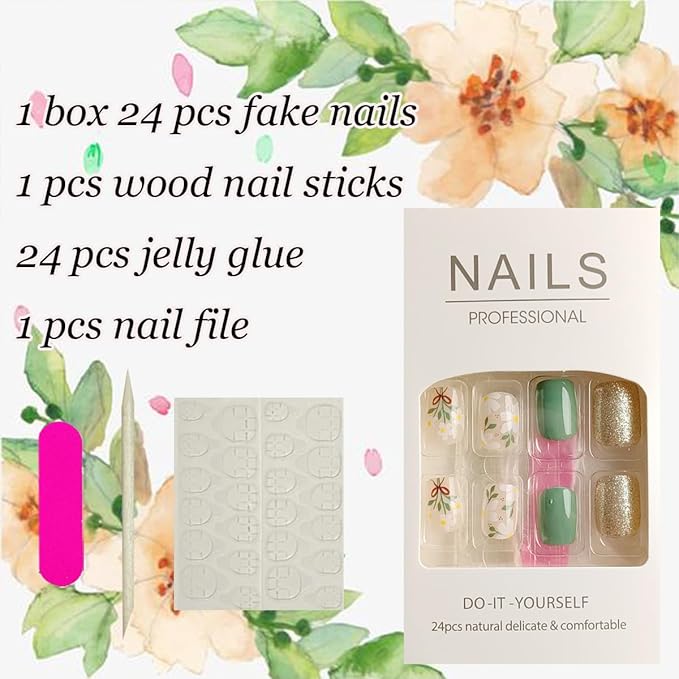 24Pcs Spring Press on Nails Short Square Fake Nails Bow Flower Glue on Nails Green Glossy Full Cover False Nails Glitter Gold Artificial Stick on Nails Coffin Acrylic Nails Kit for Women Nail Supplies