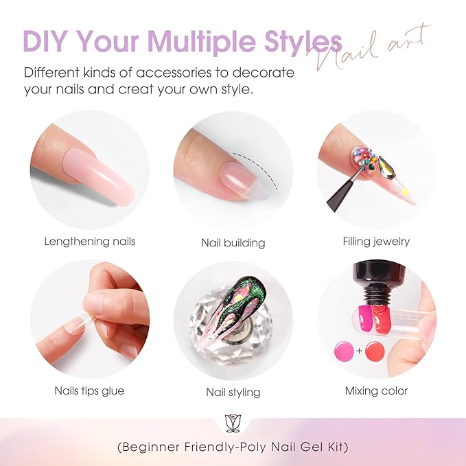 ROSALIND 38PCS Poly Nail Gel Kit with Mini Nail Lamp Glitter Brown Poly Extension Gels Kit Nude Pink Poly Gels Set