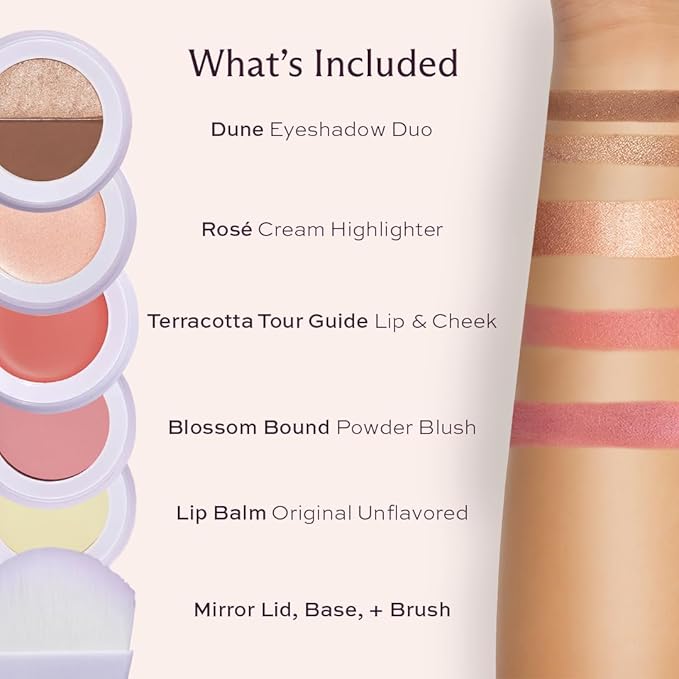 Subtl Staks 5-in-1 Travel Makeup kit by subtl beauty - eyeshadow duo, powder blush, cream highlighter, lip and cheek, lip balm - free travel mirror and brush - stackable makeup for travel