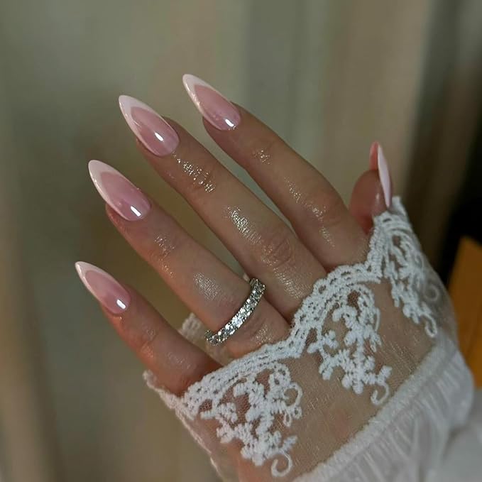 Chrome White French Tip Press On Nails Short Almond, Medium Fake Nails French Nails Press ons Acrylic Nails Glue on Nails Medium, Natural Short Almond Nails False Nails for Women in 12 Sizes 24 Pcs