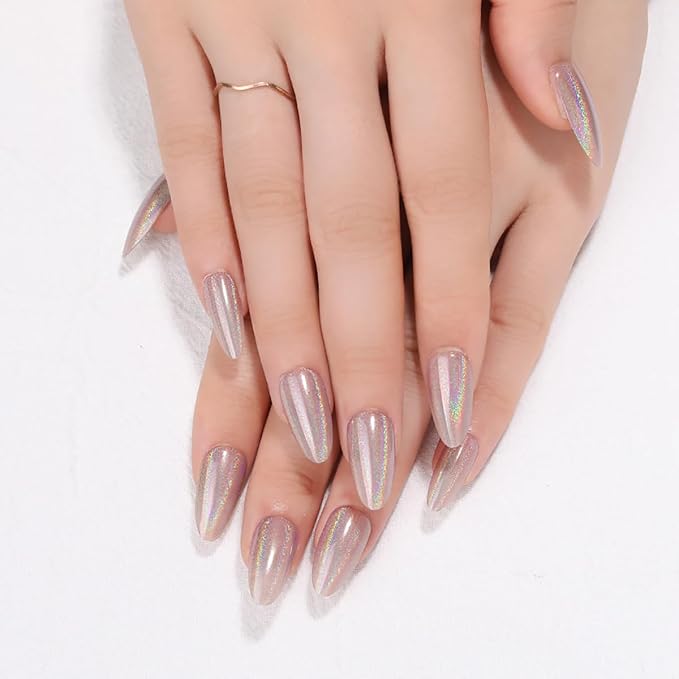 24Pcs Silver Holographic Acrylic Press on Nails Short Almond - Reusable Fake Nails with Nail Glue Kit, Long Lasting Chameleon Static Nails for Women Daily Wear & Parties (Glossy Laser Design)
