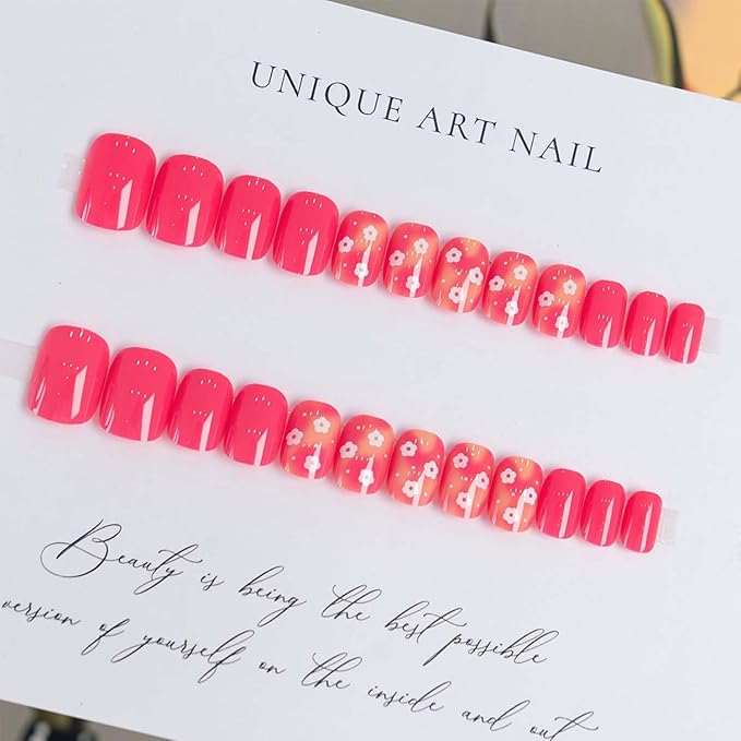 Spring Press On Nails Short Square Fake Nails Flower With Ombre Design Rose Pink False Nails Summer Glue On Nails Acrylic Full Cover Artificial Nails Stick On Nails For Women Manicure 24pcs