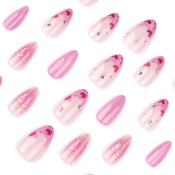 IMRAIN Press on Nails Medium Almond Fake Nails Pink Cat's Eye False Nails with Heart Designs Glossy Full Cover Glue on Nails Cute Acrylic Glitter Stick on Nails for Women Girls 24Pcs