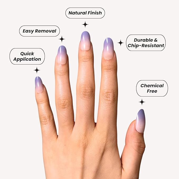 Perfect Look Press On Nails - Lavender Mist | No Glue One-Day Short Oval Nails, Nude to Purple Ombre Glossy Nails - 24 Pcs Nail Kit with Adhesive Tabs