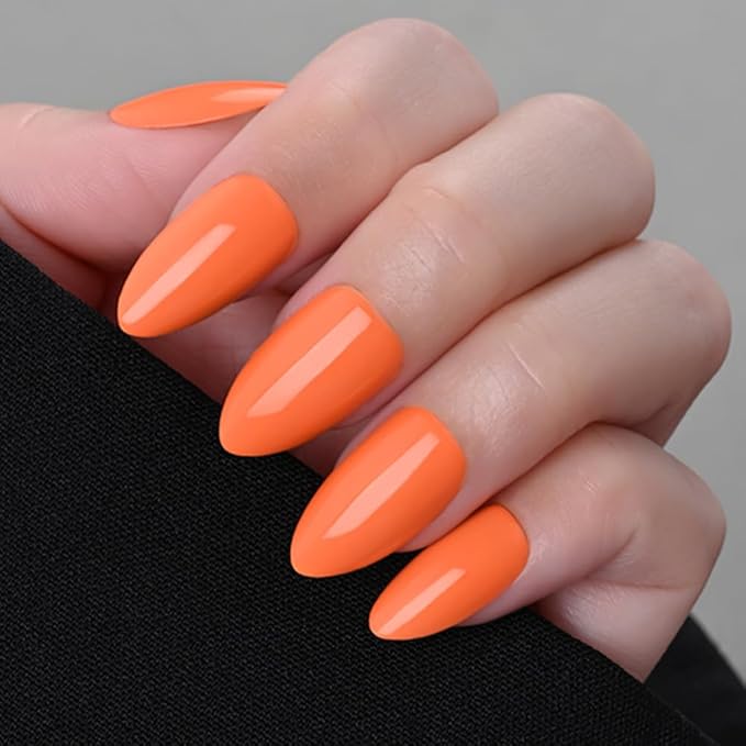 evpct Glossy Press on Nails Short Almond Short for Women, Orange Fake Nail with Glue Salon Quality Reusable Stick on Nails In 15 Sizes 30Pcs Full Cover False Nail Soft Gel Set Kit for Gift, 19