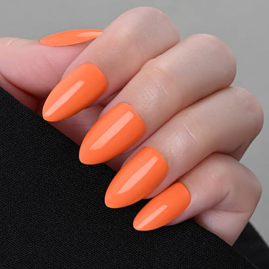 evpct Glossy Press on Nails Short Almond Short for Women, Orange Fake Nail with Glue Salon Quality Reusable Stick on Nails In 15 Sizes 30Pcs Full Cover False Nail Soft Gel Set Kit for Gift, 19