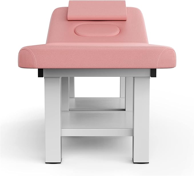 Metal Frame Wide Stationary Massage Table for Treatment Table Physical Therapy Table Spa Facial Bed, PU Leather 31.5'' Wide 75'' Long (Pink, Integral Structure)