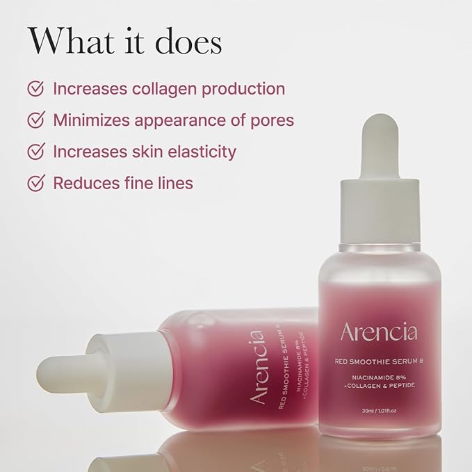 Arencia Red Collagen + Peptide Smoothie Serum, 8% Niacinamide, Vitamin C, Vitamin E, lifting anti-aging serum for skin texture for glass skin